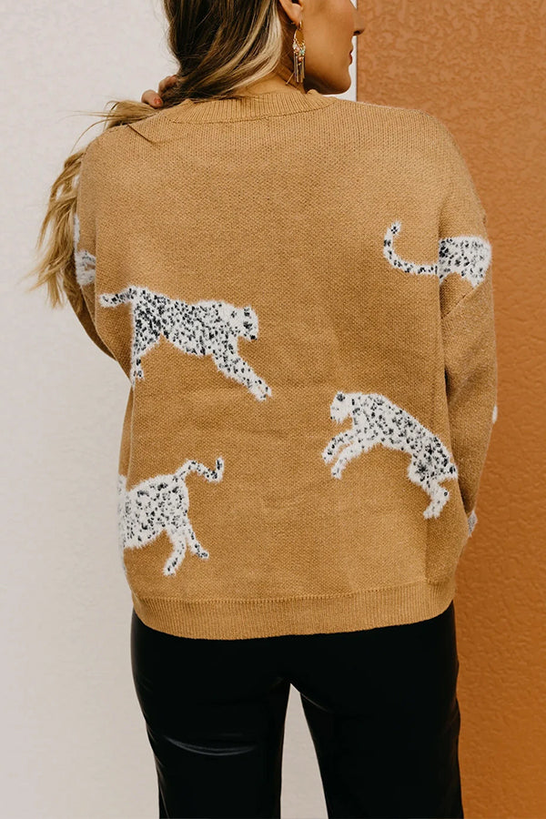 Yolande® | Pull en maille imprimé animal camel avec épaules tombantes