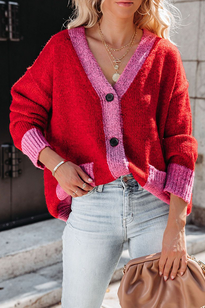 Vanésa® | Pull d'extérieur élégant et décontracté avec boucle de poche en patchwork et col en V contrasté