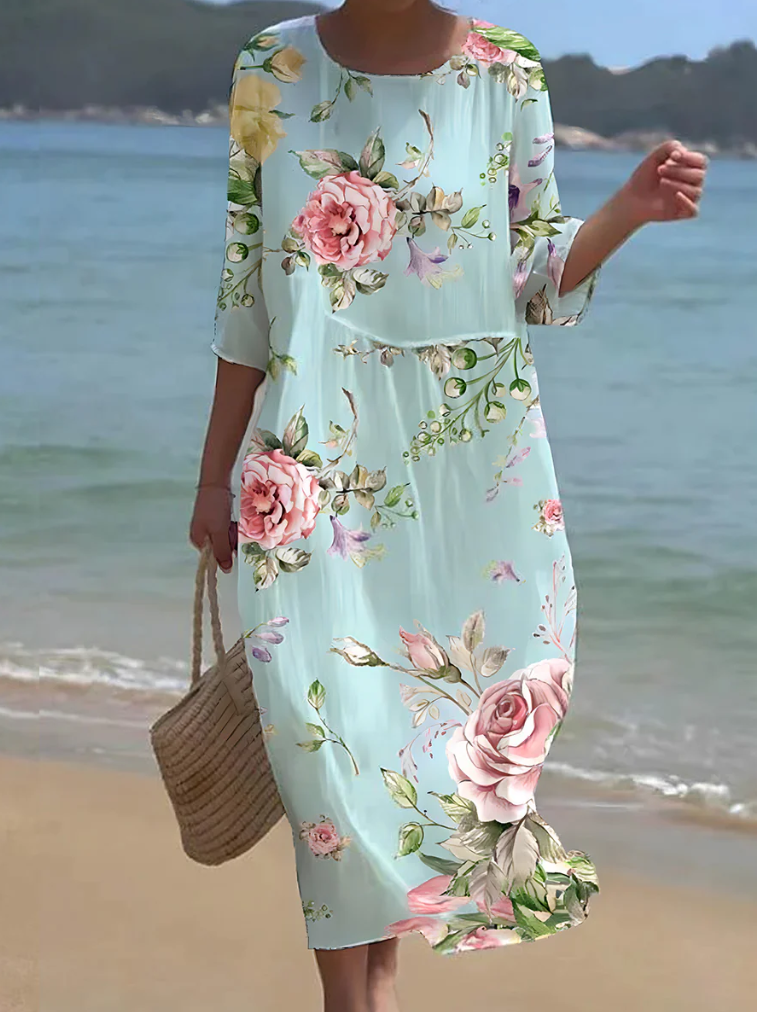 Retro Floral Print Round Neckline Maxi Dress Women's Dress