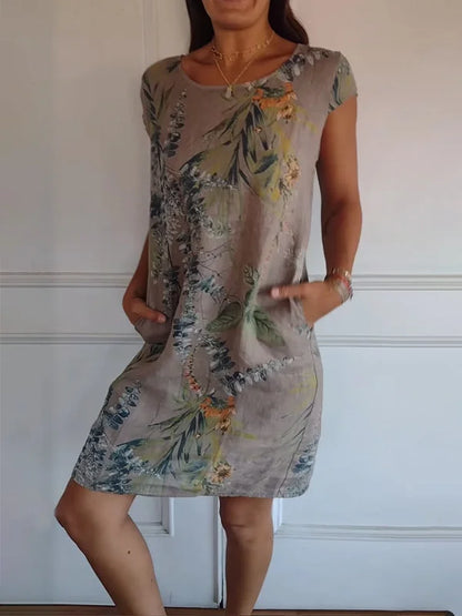 Vanessa - Robe imprimée à col rond en coton et lin pour femme