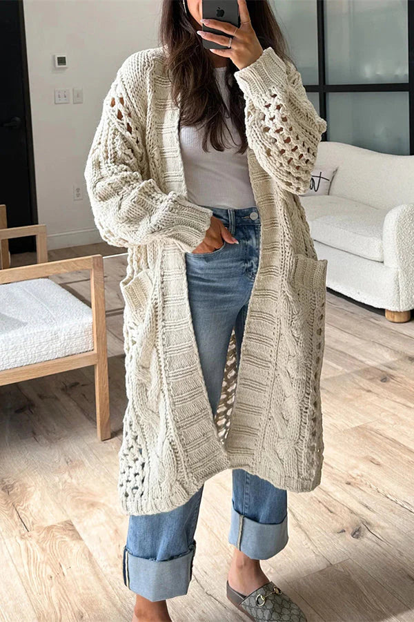 Yadira® | Cardigan midi surdimensionné en tricot torsadé à manches longues avec poche