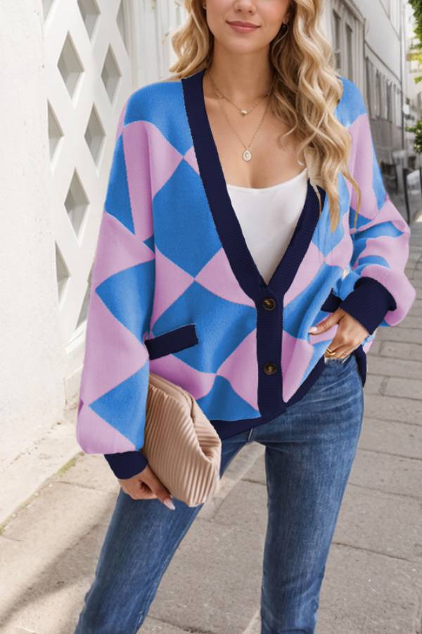 Valéria® | Cardigan ample avec col V et coutures en losange de couleur contrastée pour femme