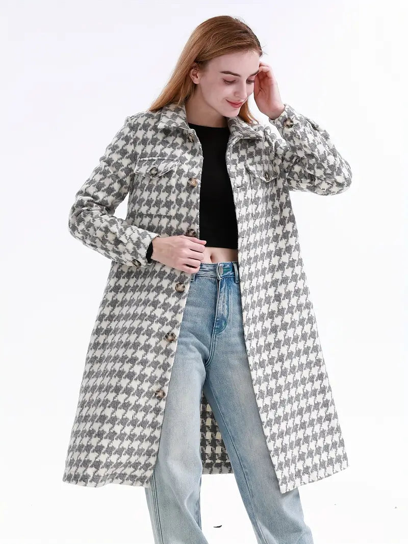 Tina® | Manteau long en laine mélangée avec motif pied-de-poule et poches, tissu polyester