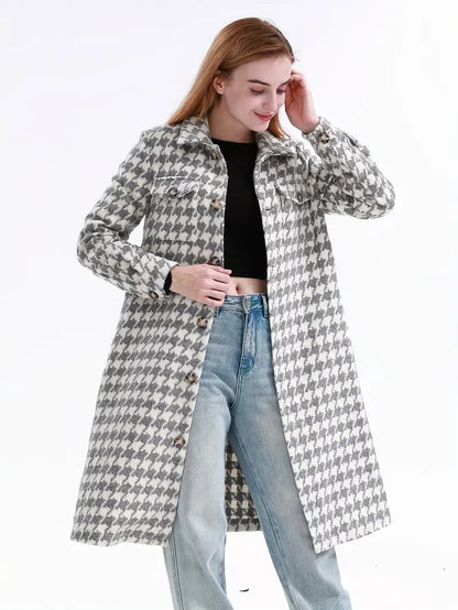 Tina® | Manteau long en laine mélangée avec motif pied-de-poule et poches, tissu polyester