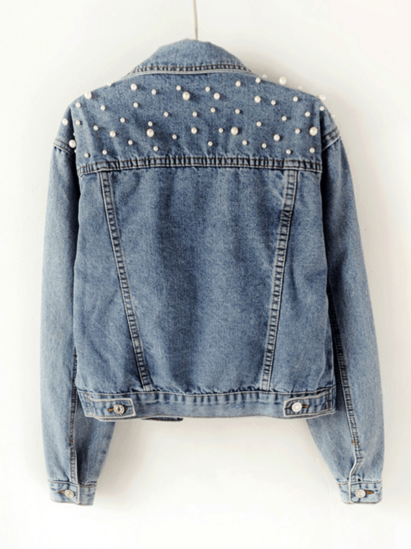 Sabine® | Veste en jean, poches boutonnées, bordure en perles strass, col à revers, manches longues, mode femme, décontractée, surdimensionnée, décontractée