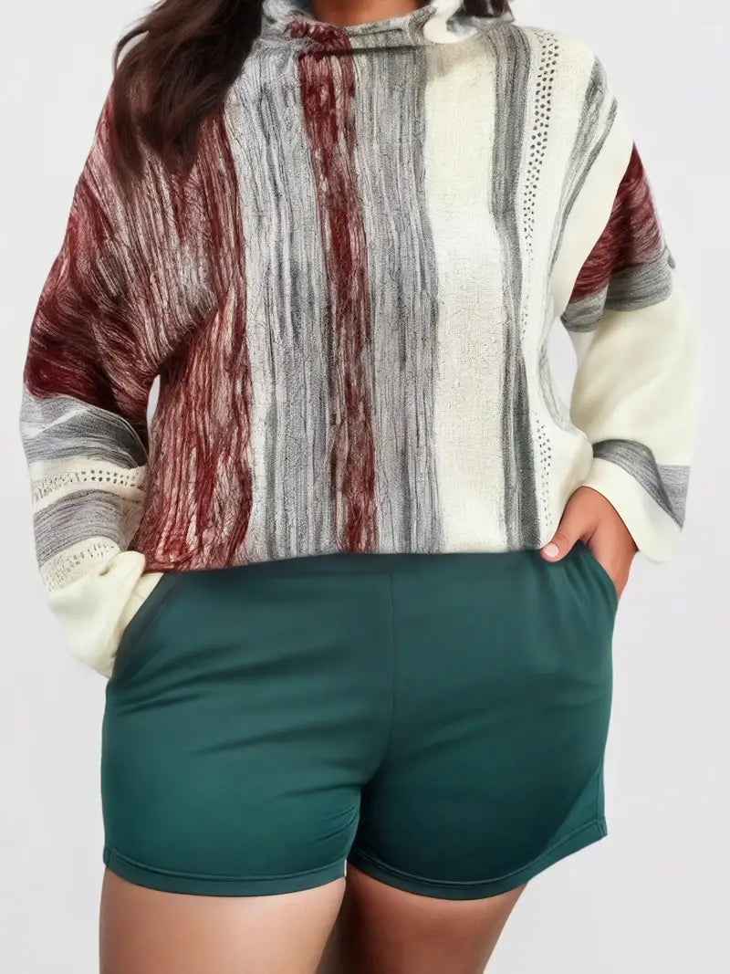 Pétra® | Pull tricoté bloc de couleur grande taille, manches longues à col roulé décontracté