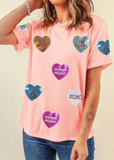 Salomé® | T-shirt col rond manches courtes avec cœur à sequins pour la Saint-Valentin