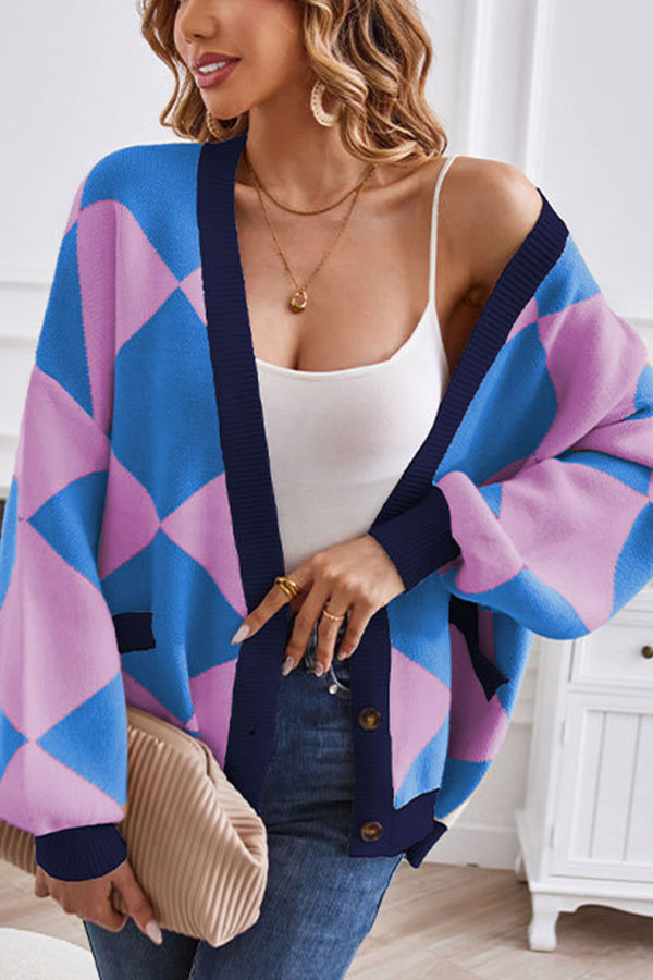 Verónica® | Cardigan décontracté ample à col en V, patchwork géométrique contrasté