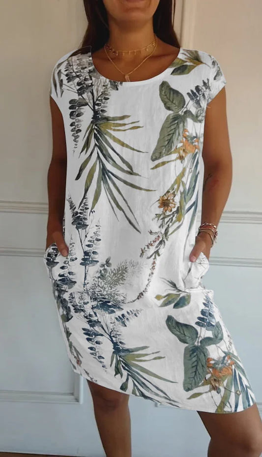 Robe imprimée en coton et lin pour femme avec col rond