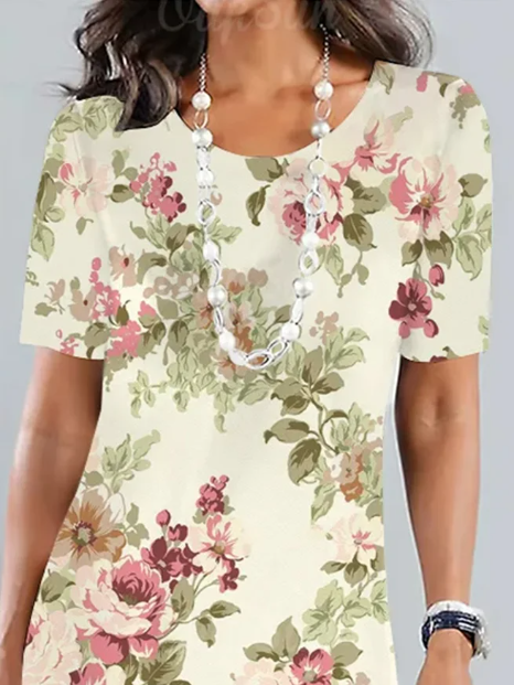 Veronica - Élégante robe midi à fleurs lâches pour garden party avec encolure ras du cou