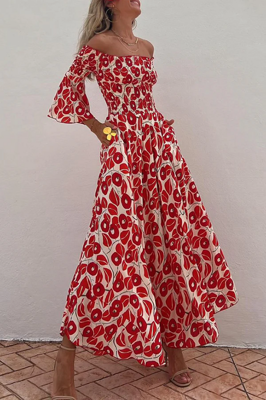 Amanda - Robe Longue à Épaules Dénudées avec Imprimé Floral et Smocké, Poches, Parfaite pour les Vacances