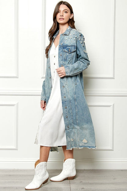 Paula® | Veste en jean oversize avec ourlet brut et boutons en nacre