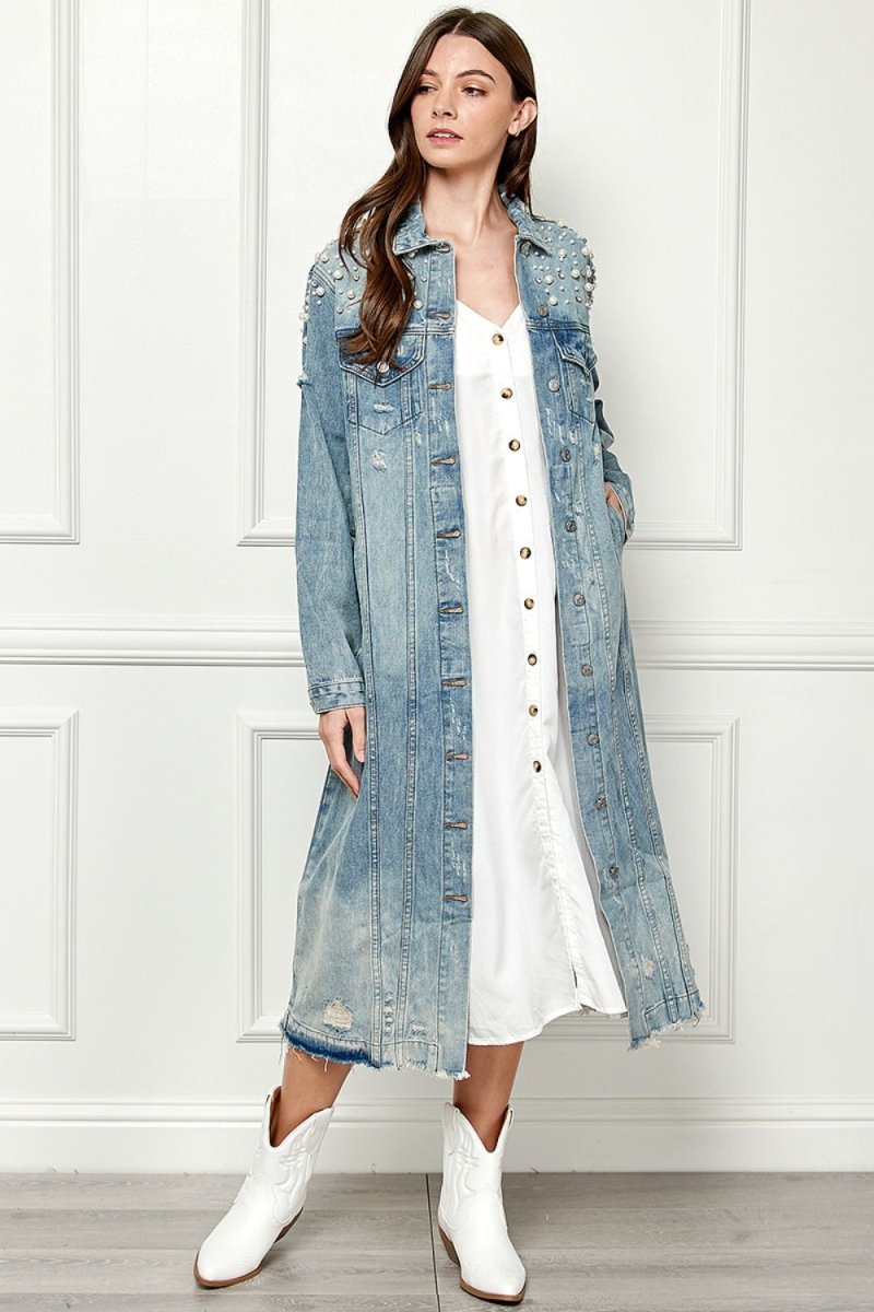 Paula® | Veste en jean oversize avec ourlet brut et boutons en nacre