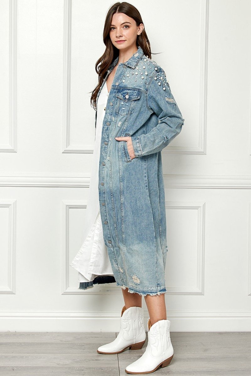 Paula® | Veste en jean oversize avec ourlet brut et boutons en nacre