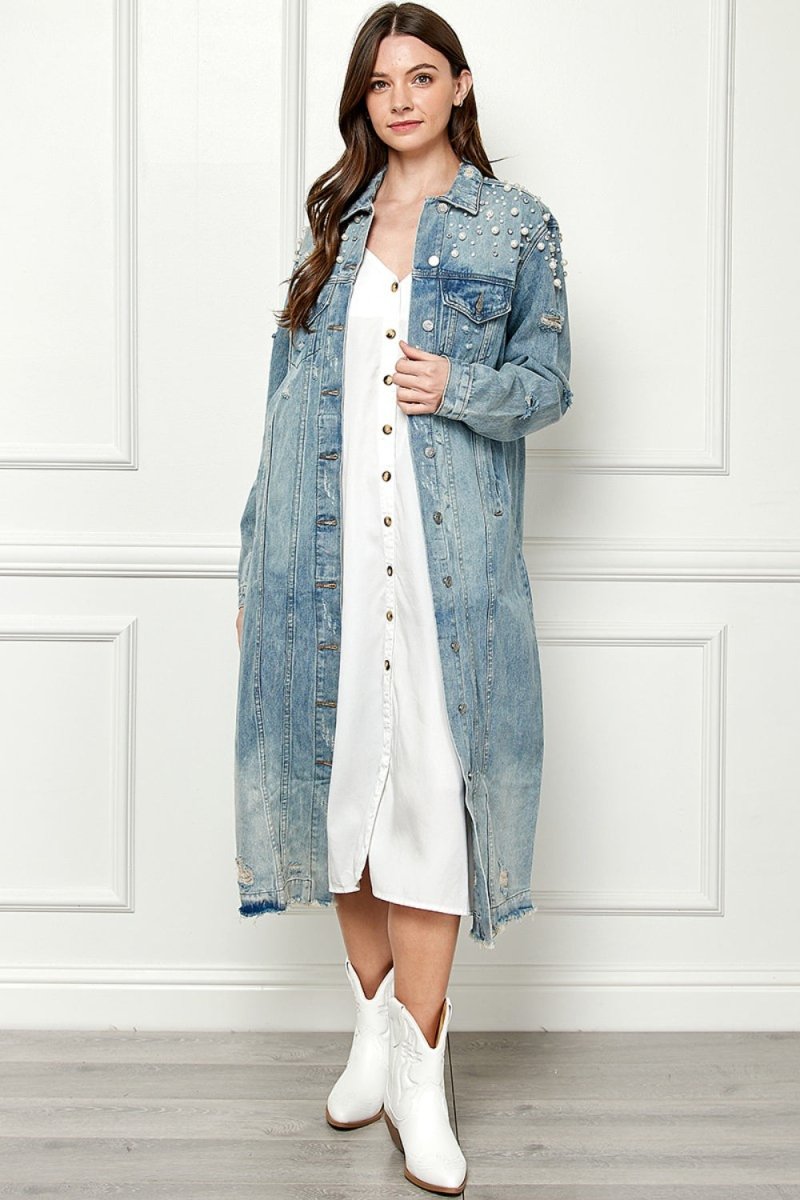 Paula® | Veste en jean oversize avec ourlet brut et boutons en nacre