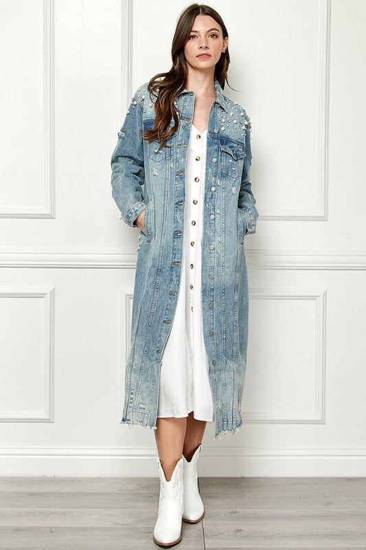 Paula® | Veste en jean oversize avec ourlet brut et boutons en nacre